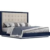 Alexander King Bed in High Gloss Saphire Blue, Tufted Beige Fabric & LED