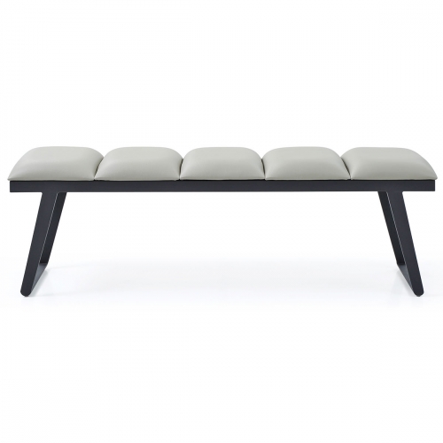 Ethan Bench in Channel Tufted Light Grey Leatherette on Black Steel