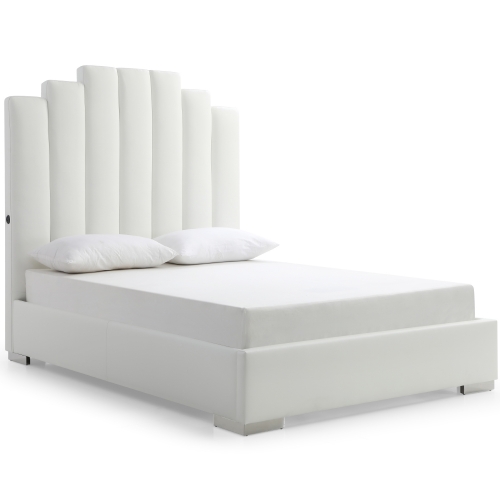 Jordan Queen Bed in White Leatherette w/ Double USB in Headboard