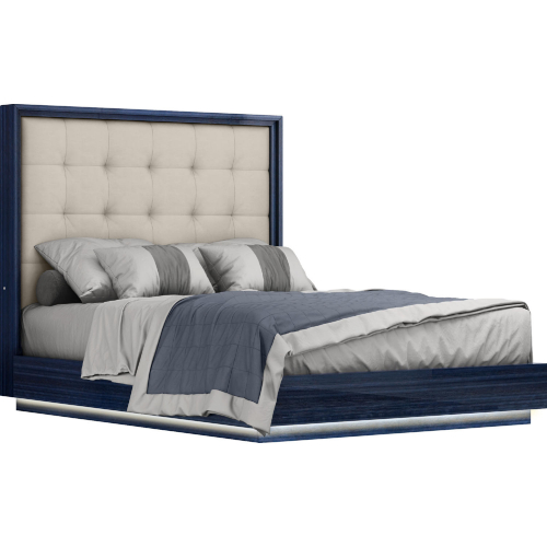 Alexander Queen Bed w/ LED in High Gloss Saphire Blue & Tufted Light Grey Leatherette