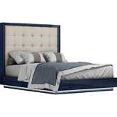 Alexander Queen Bed w/ LED in High Gloss Saphire Blue & Tufted Light Grey Leatherette