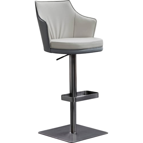 Baxter Swivel Adjustable Bar Stool in Light & Dark Grey Leatherette & Brushed Black Stainless