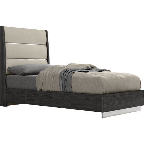 Pino Twin Bed in Gloss Dark Grey, Light Grey Leatherette & Stainless