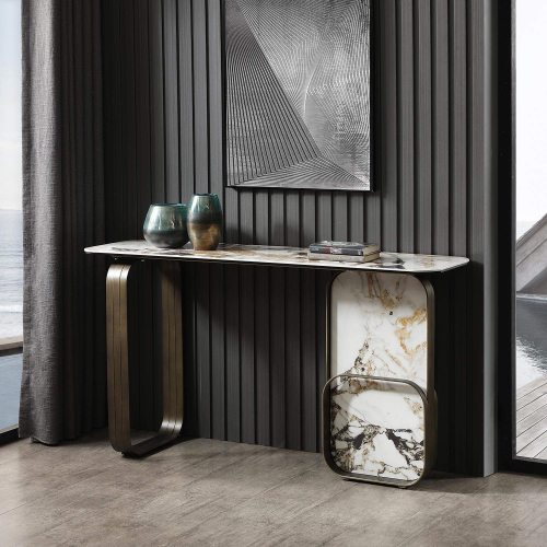 Kora Console Table in Glass, White, Black & Gold Marbleized Ceramic & Brushed Bronze