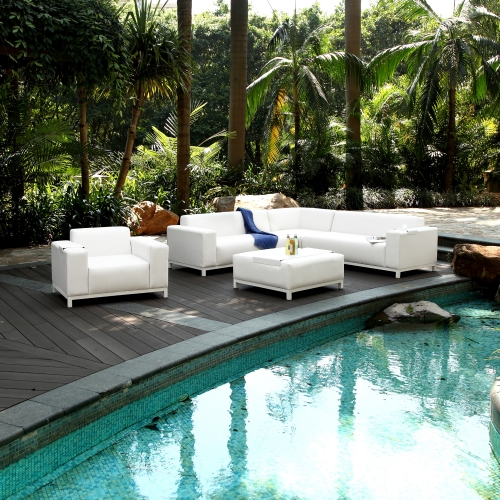 Andrew Indoor Outdoor 5 Piece Sectional Sofa Set in White Leatherette & Metal