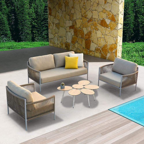 Catalina 4 Piece Outdoor Loveseat Set in Grey Aluminum, Light Gray Rope & Brown Fabric