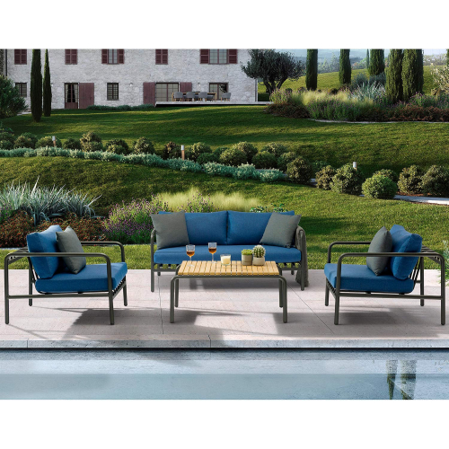 Andrea 4 Piece Outdoor Loveseat Set in Blue Olifen Fabric & Grey Aluminum