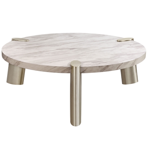 Mimeo 48" Round Coffee Table in White Marble Paper & Brushed Stainless