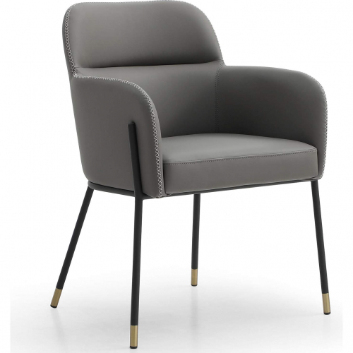 Heidi Dining Arm Chair in Dark Grey Eco Leather, Light Grey Stitching & Black Steel