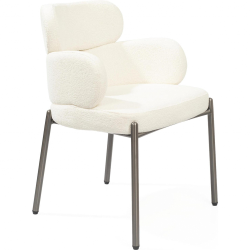 Adele Dining Arm Chair in White Boucle Fabric & Brushed Black Steel