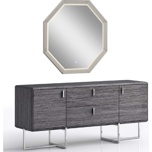 Chloe Dresser & Mirror Set in High Gloss Grey & Polished Stainless Steel