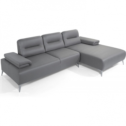 Ruslan Sectional Sofa w/ Right Facing Chaise in Light Gray Leather & Nickel Chrome