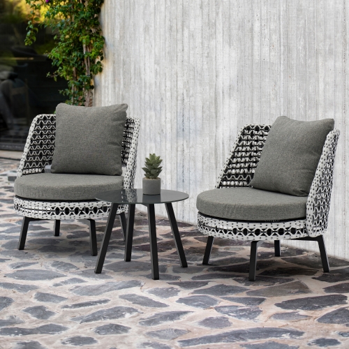 Koala Outdoor Accent Chairs & Side Table Set in Black & White Wicker & Grey