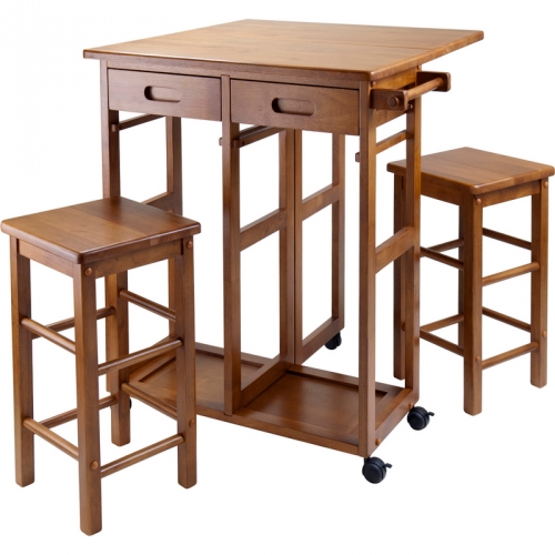 Space Saver Bar w/ 2 Square Stools in Teak Finish