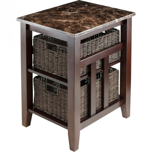 Zoey Side/End Table w/ Faux Marble Top & 2 Baskets in Chocolate