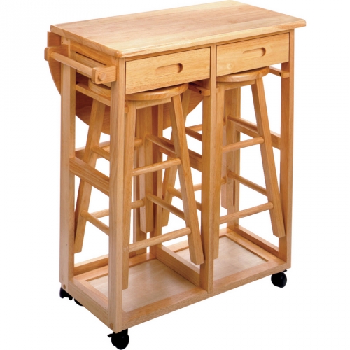 Space Saver Drop Leaf Table w/ 2 Round Bar Stools in Beech