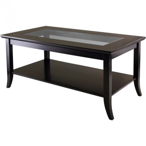 Genoa Rectangular Coffee Table w/ Glass Top & Shelf in Dark Espresso