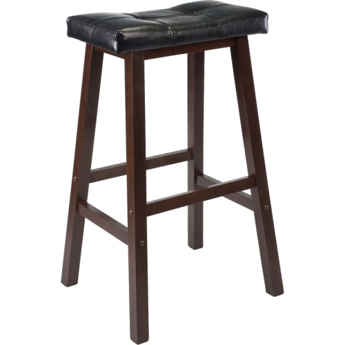 Mona 29" Cushion Saddle Seat Stool w/ Wood Legs in Black Faux Leatherette