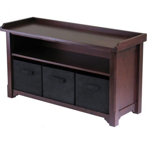 Verona Storage Bench w/ 3 Foldable Black Color Fabric Baskets in Walnut