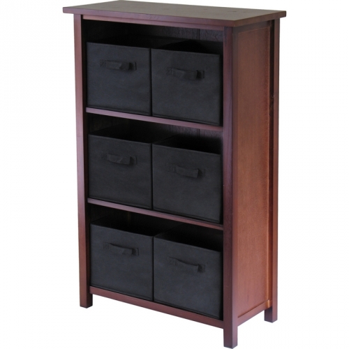 Verona 3 Section M Storage Shelf w/ 6 Foldable Black Color Fabric Baskets in Walnut