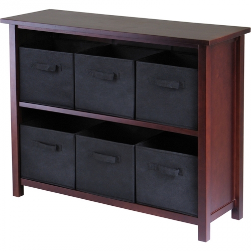 Verona 2 Section W Storage Shelf w/ 6 Foldable Black Fabric Baskets in Walnut