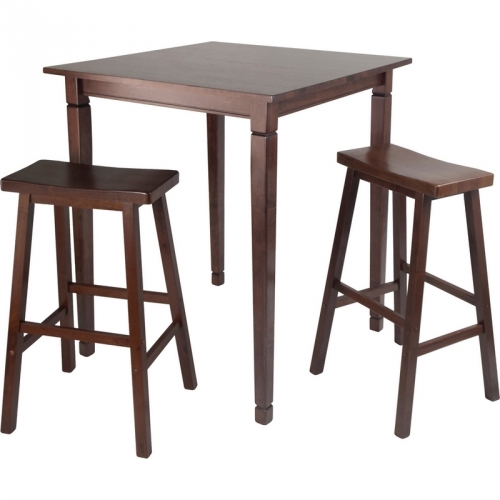 3 Piece Kingsgate High Pub Dining Table w/ 2 Saddle Stools in Antique Walnut