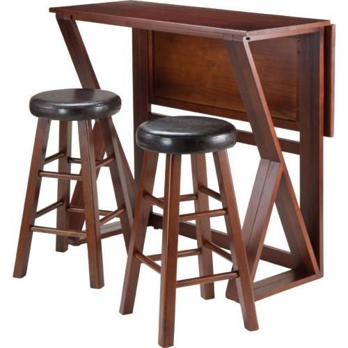 Harrington 3 Piece Drop Leaf Pub Table w/ 2 Round Counter Stools in Antique Walnut