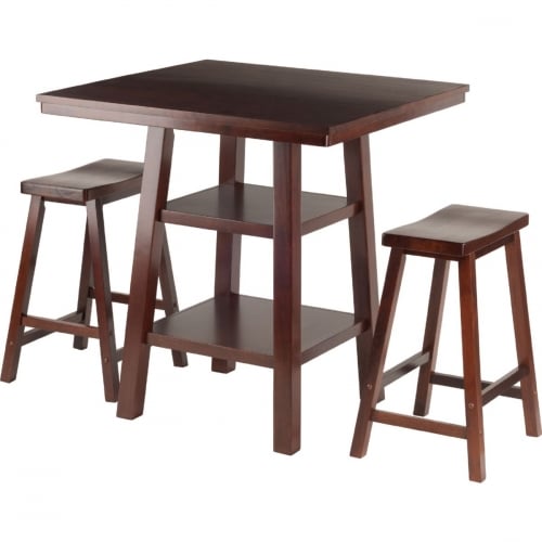 Orlando 3 Piece Set High Table w/ 2 Shelves & 2 Saddle Seat Stools in Walnut