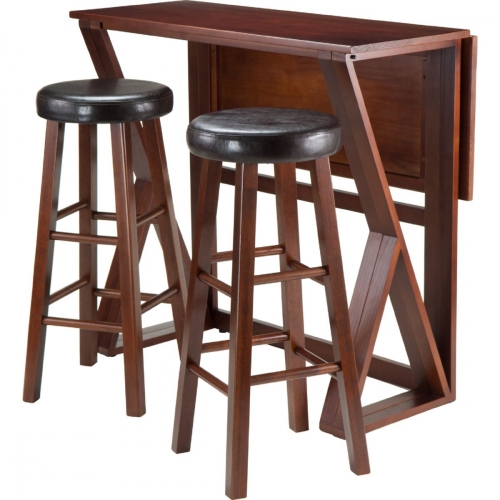 Harrington 3 Piece Drop Leaf Pub Table w/ 2 Round Bar Stools in Antique Walnut