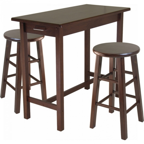 3 Piece Kitchen Island Set - Table w/ 2 Square Leg Stools in Antique Walnut