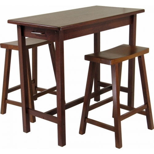 3 Piece Kitchen Island Set; Table w/ 2 Drawers & 2 Saddle Bar Stools in Antique Walnut