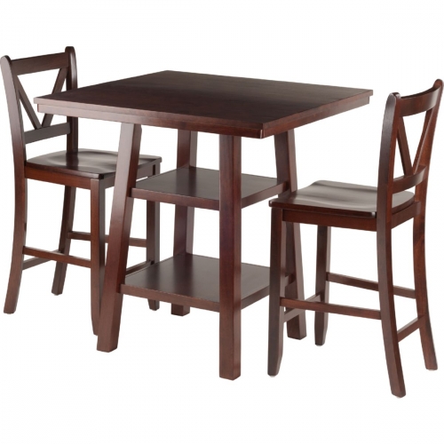 Orlando 3 Piece Set High Table w/ 2 Shelves & 2 V-Back Counter Stools in Walnut