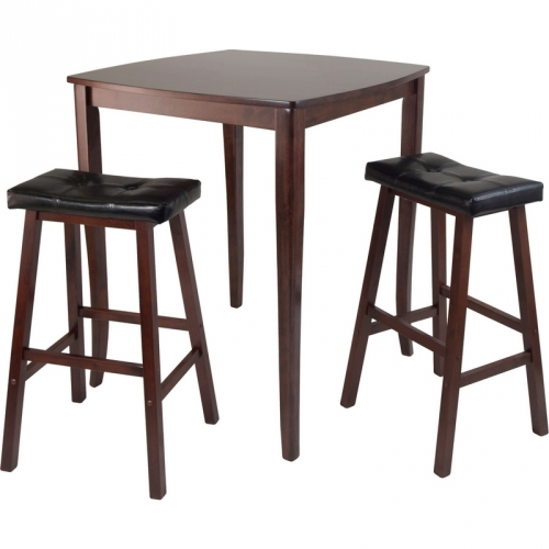 3 Piece Inglewood Set: High Pub Dining Table w/ Cushioned Saddle Stool in Antique Walnut