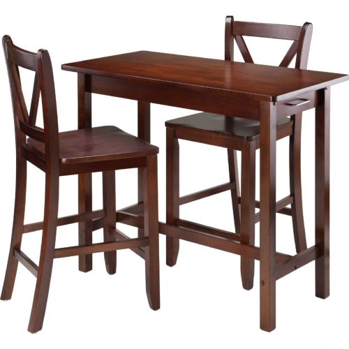 3 Piece Kitchen Island Table w/ 2 V Back Stools in Walnut