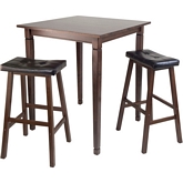 3 Piece Kingsgate High Pub Dining Table w/ Two Cushioned Saddle Stools in Antique Walnut