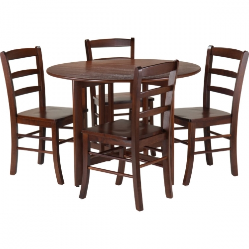 Alamo 5 Piece Round Drop Leaf Table w/ 4 Ladder Back in Walnut