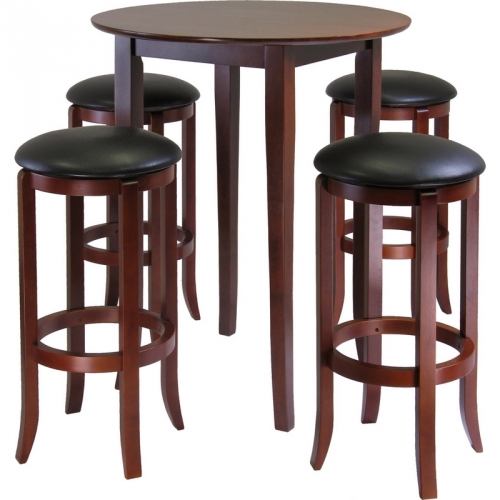 Fiona Round 5 Piece Pub Height Table Set w/ 4 Bar Stools in Antique Walnut