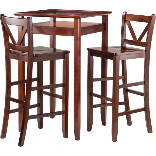 Halo 3 Piece Pub Table Set w/ 2 V Back Stools in Antique Walnut