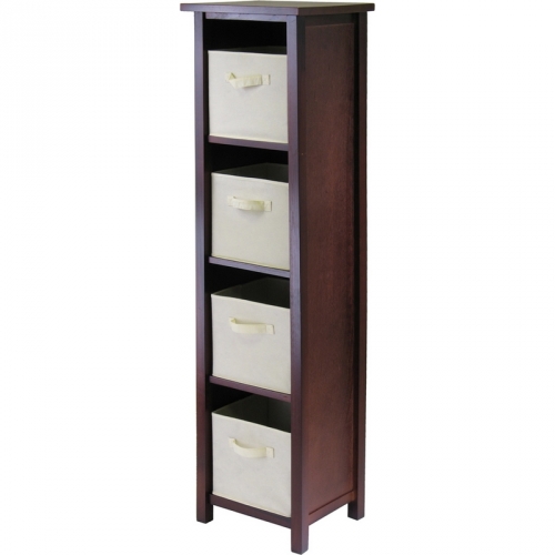 Verona 4 Section N Storage Shelf w/ 4 Foldable Beige Color Fabric Baskets in Walnut