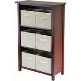 Verona 3 Section M Storage Shelf w/ 6 Foldable Beige Color Fabric Baskets in Walnut