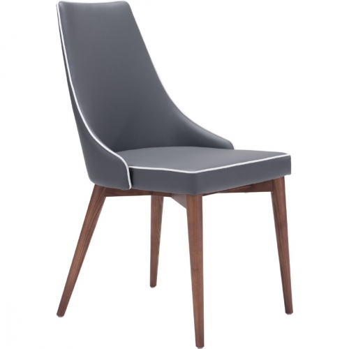 Moor Dining Chair in Dark Gray Leatherette with Contrast Piping on Tapered Wood Legs (Set of 2)