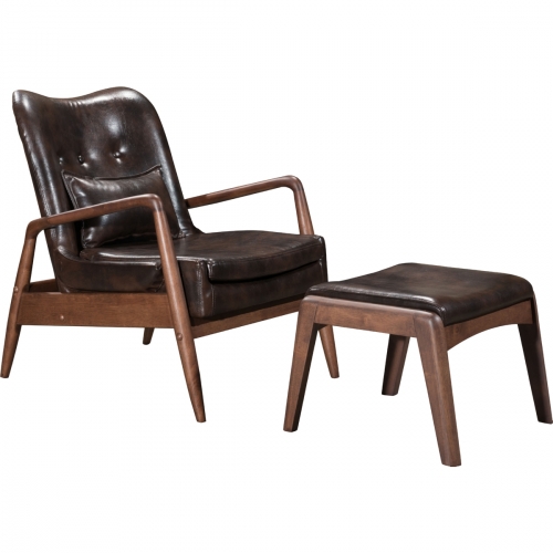 Bully Lounge Chair & Ottoman Set in Tufted Brown Leatherette on Wood Frame