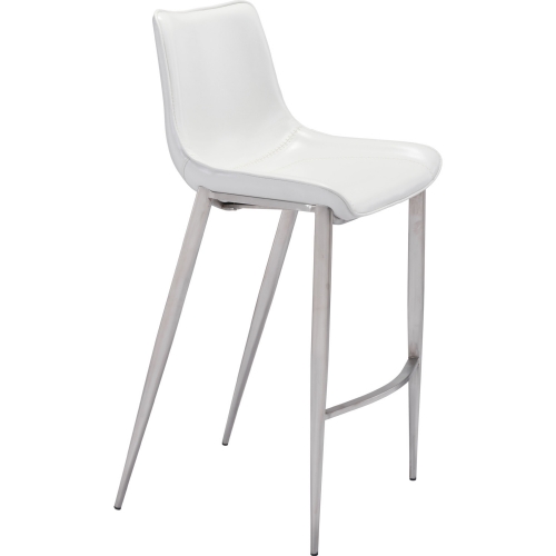 Magnus Bar Chair in White Leatherette & Brushed Stainless Steel (Set of 2)