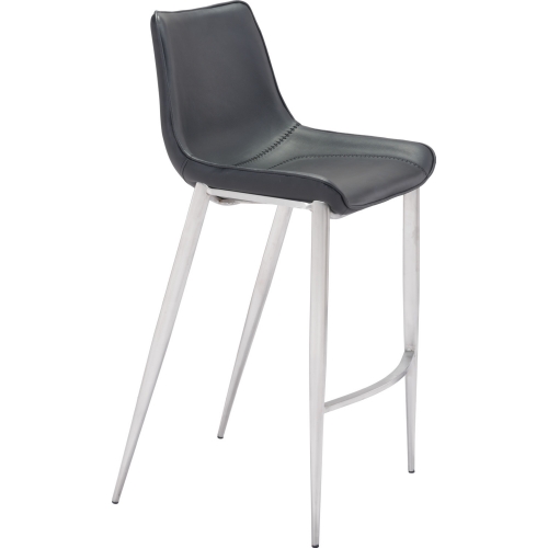 Magnus Bar Chair in Black Leatherette & Brushed Stainless Steel (Set of 2)