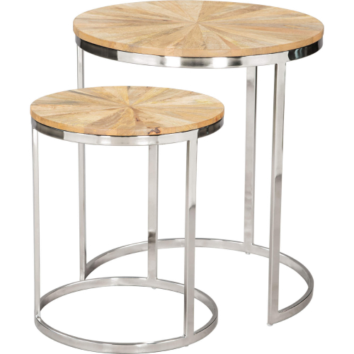 Bari Nesting Table Set in Sunburst Pattern Natural Wood & Chrome (Set of 2)