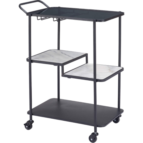 Constanza Bar Cart in Tinted Tempered Glass, White Marble & Black Steel