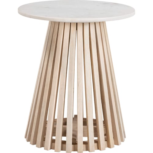 Mazara Side Table in White Marble & Natural Finish Wood