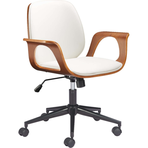 Ali Office Chair White Leatherette, Wood & Black Steel