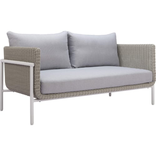 Frais Outdoor Loveseat in PE Rattan, White Metal & Gray Fabric