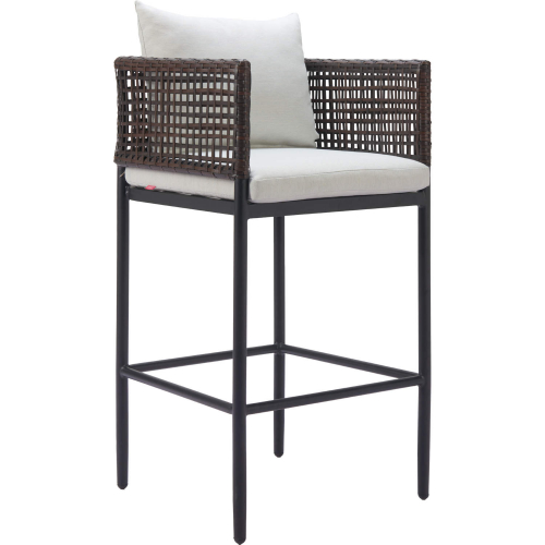 Palm Paradise Outdoor Bar Stool in PE Rattan Weave, Black Steel & Gray Fabric